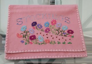 Vintage Pink Cotton Hand Embroidered Floral Stocking Bag/case