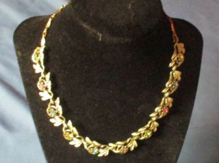 Vintage Gold - Tone Metal Rhinestone Enamel Necklace & Earrings Demi - Parure 2