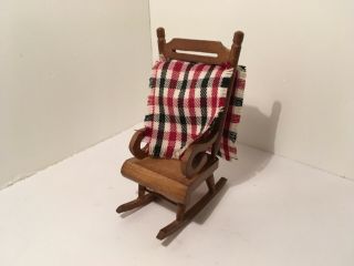 Vintage Dollhouse Miniatures Wooden Rocking Chair W/ Blanket 53