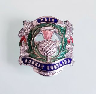 Vintage Curved Enamel - Frae Bonnie Scotland - Metal Walking Stick Badge / Crest