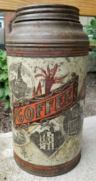 Rare Antique Vtg Tin Screw Top Coffee Can Wood & Co Boston