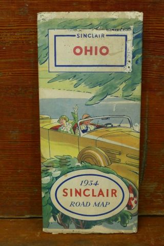 Rare Vintage 1934 Sinclair Gasoline Motor Oil Road Map Of Ohio Tri - Fold Map