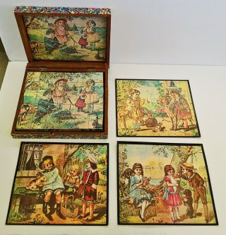 1900s Wooden Cube Block Puzzle Set,  3 Double Sided Pics In Wood Box Rare