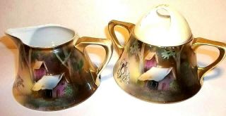 Extremely Rare 1910 - 1940 Rs Germany Asian Country Scenes Sugar Bowl & Creamer
