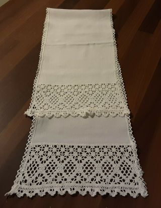 Vintage White Cotton Table Runner With Crocheted Lace