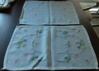 2 Vintage White Cotton & Hand Embroidered Floral Tray Cloths/table Mats
