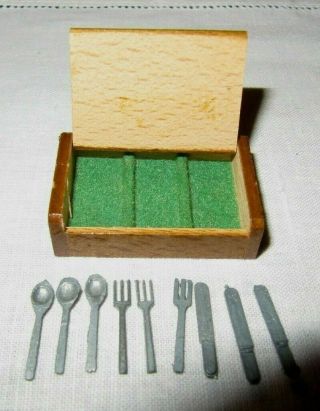 Vtg Doll House Miniature Metal Flatware Set In Wood Box,  Dol - Toi England