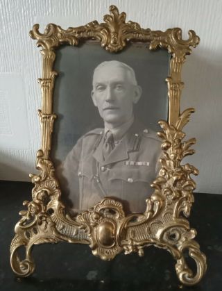 Vintage Brass Picture Frame And Old B/w Army Portrait Real Picture