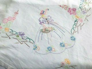 Crinoline Lady,  Vintage Hand Embroidered Linen Tablecloth:hollyhocks And Flowers