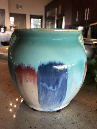 Unusual & Rare Old Hull Blended Glaze Stoneware Pottery Vase Squat 5.  5”