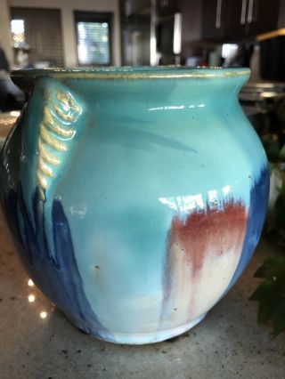 Unusual & Rare Old Hull Blended Glaze Stoneware Pottery Vase Squat 5.  5” 2