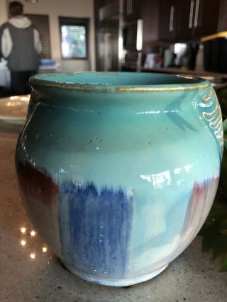Unusual & Rare Old Hull Blended Glaze Stoneware Pottery Vase Squat 5.  5” 3