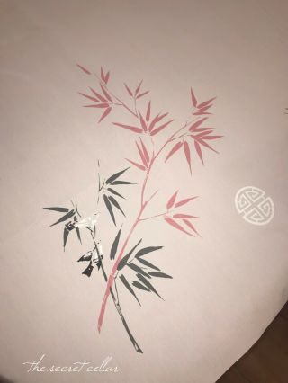 Rare Vtg 1950s California Hand Prints Tablecloth Pale Pink Asian Birds Bamboo