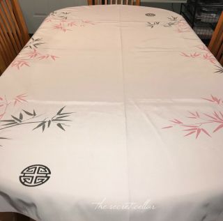 Rare Vtg 1950s CALIFORNIA HAND PRINTS Tablecloth Pale Pink Asian Birds Bamboo 2