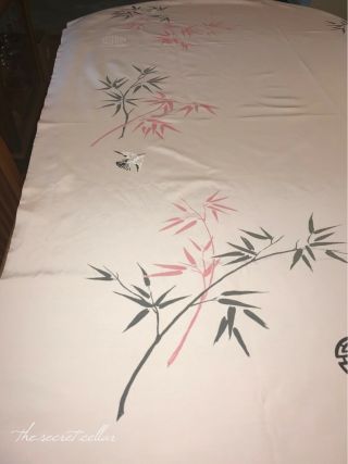 Rare Vtg 1950s CALIFORNIA HAND PRINTS Tablecloth Pale Pink Asian Birds Bamboo 3