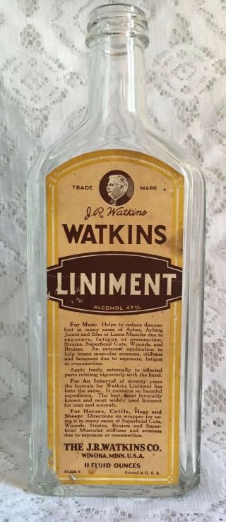 Vintage Antique Watkins Liniment Bottle With Label 11 Ounces