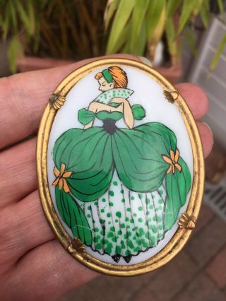 Antique Art Deco Edwardian?hand Painted Porcelain Lady Brooch Yellow Metal