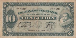 10 Gulden Fine Banknote From Netherlands Indies/javasche Bank 1927 Pick - 70 Rare