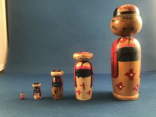 Vintage Japanese Wood Kokeshi Nesting Dolls Set Of 5 Made In Japan 4.  75” Tall