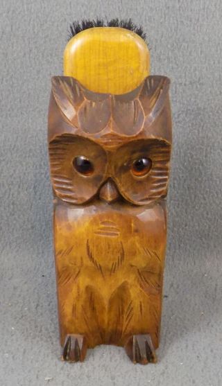 Vintage Black Forest Carved Wood Owl Brush Holder & Brush - Glass Eyes