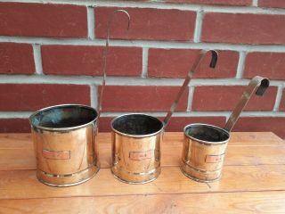 Vintage Set Of Three Graduated Brass With Copper Milk Measures