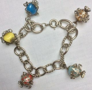 Vintage Silver Tone Filigree Bracelet With Cupped Glass Multi - Coloured Beads