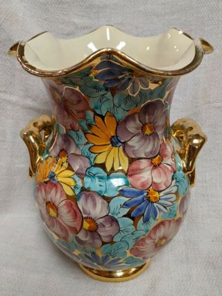 Antique Italian " Deruta " Floral Hand - Painted Footed Vase W/gold Accents Detail