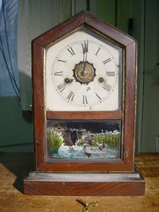 Antique Rare Early Haven 1885 " Gem Cottage " Rosewood Shelf Clock 30 Hour