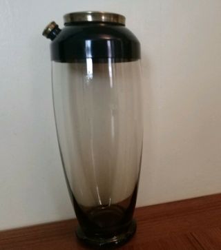 Vintage Rare Footed Cocktail Shaker Smoked Glass Brass Black Enamel Mid Century