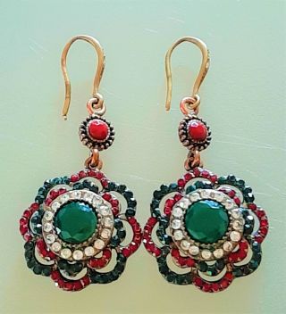 Antique Art Deco Green & Red Glass Drop Earrings