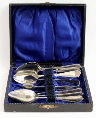 Vintage Afghan F.  W.  Silver Plated Tea Spoon And Tongs Set In Case - S77