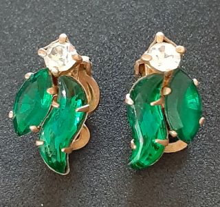Antique Art Deco Brass & Green Glass Clip On Earrings