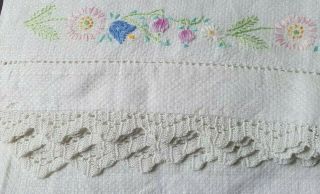 Pretty Hand Embroidered Vintage Linen Huckaback Towel With Hand Crochet Edges