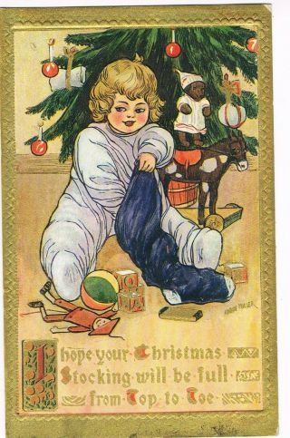 Antique A - S Christmas Postcard Young Girl Emptying Her Christmas Stocking