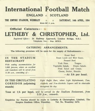 Ultra - Rare Football Ticket Catering Flyer Menu England V Scotland Wembley 1934