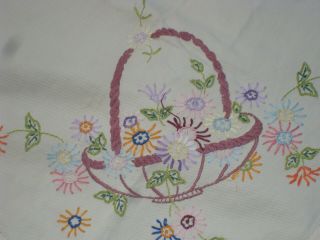 Vintage Hand Embroidered Tablecloth Baskets Of Flowers Flowers