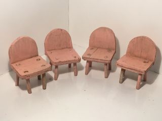 Vintage Dollhouse Miniatures Set Of 4 Pink Wooden Chairs 21