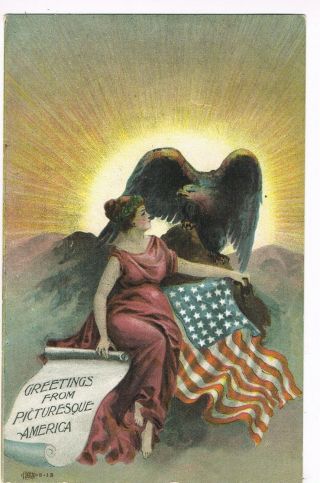 Antique Patriotic Postcard Lady Liberty,  American Flag,  Eagle