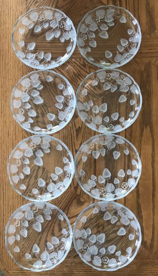 Rare Vintage Set Of 8 Clear Glass Salad Dessert Plates Frosted Strawberries