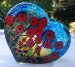 Robert Held Art Glass 3 " Heart Paperweight Rare California Red Poppies Signed