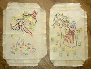 Pair 2 X Vintage Hand Embroidered Unframed Linen Pictures Dutch Man & Lady