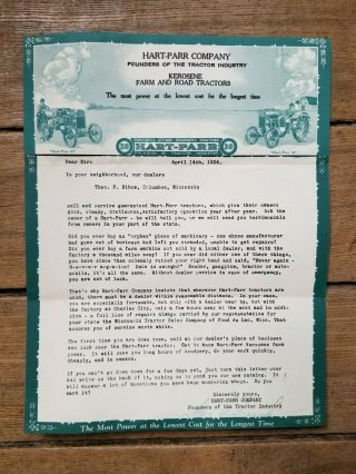 Rare,  Very Ornate 1924 Hart - Parr Company Advertising Letter