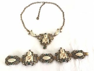 Vintage 1950’s Carved Look Oriental Buddha Bracelet Necklace Set Rare Unmarked