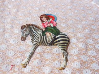 Rare Victorian Mechanical/articulated Card/girl Figure Riding A Zebra/r.  Tuck