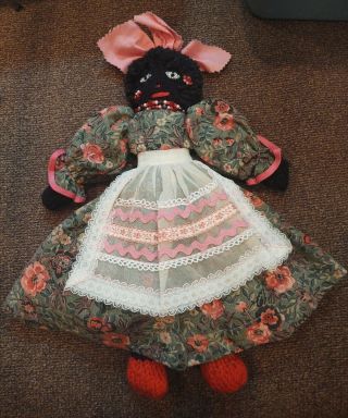 Antique Black Americana Primitive Folk Art Cloth Rag Doll,  15” Handmade Crochet?