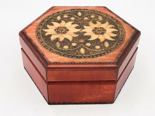 Vintage Hand Carved Hexagon Wooden Box With Flower Design Lid T77