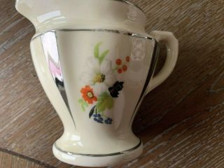 Vintage Ceramic Creamer Pitcher Painted Silver Edging And Floral Design
