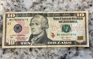 Rare 2013 Ten Dollar Star Note Bill 00005787 Very Low Serial Number $10 Obo