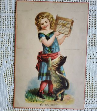 Antique Victorian Trade Card - Girl With Bird In Cage And Cat