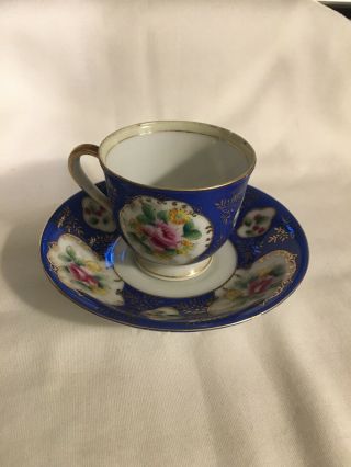 Hand Painted Gold China Tea Cup Saucer Made In Occupied Japan Floral Blue Gold